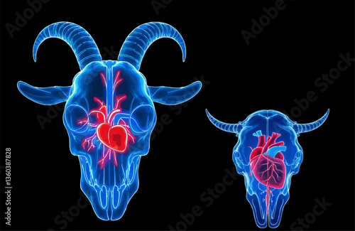 Abstract, Illustration, Transparent, Goat, Skull, Blue, Red, Light, Glow, Neon, Futuristic, Artistic, Digital, Graphic, Design, Aesthetic, Dark, Silhouette, Conceptual, Fantasy, Modern, Vibrant, Myste