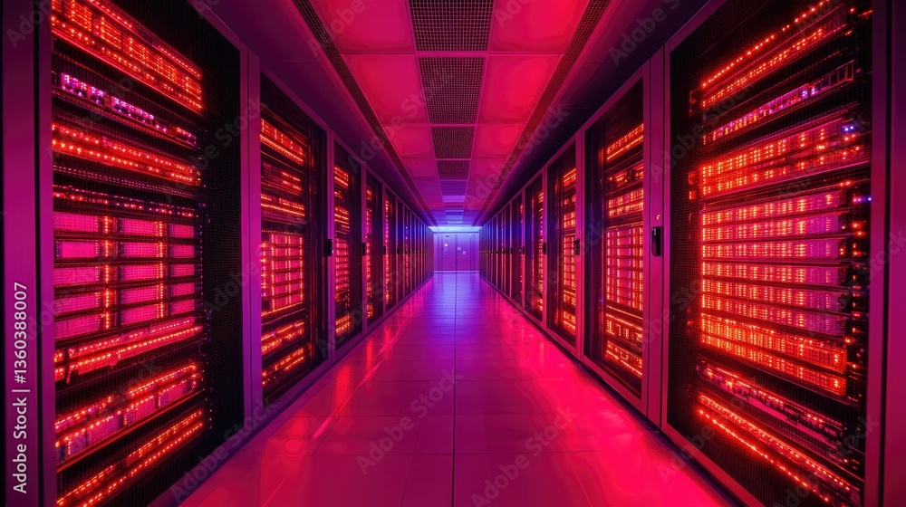 Fototapeta premium Virtual data stronghold, neon cyber walls reinforced with red glowing security layers.