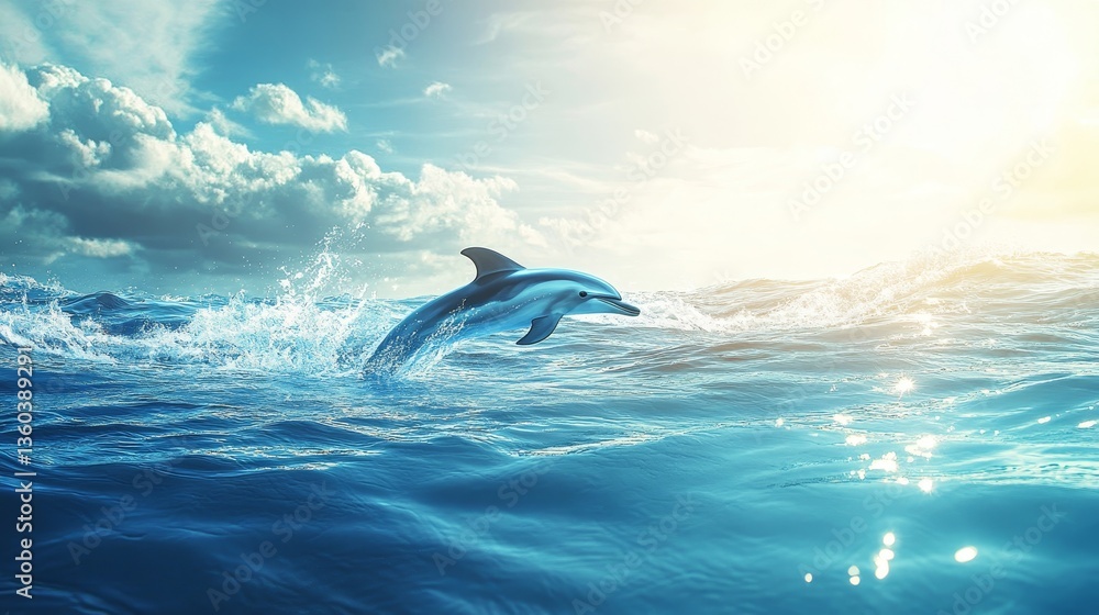 Fototapeta premium A serene ocean with a pod of dolphins swimming near the surface, their fins breaking the water. The sunlight reflects off the waves, creating a sparkling effect. 