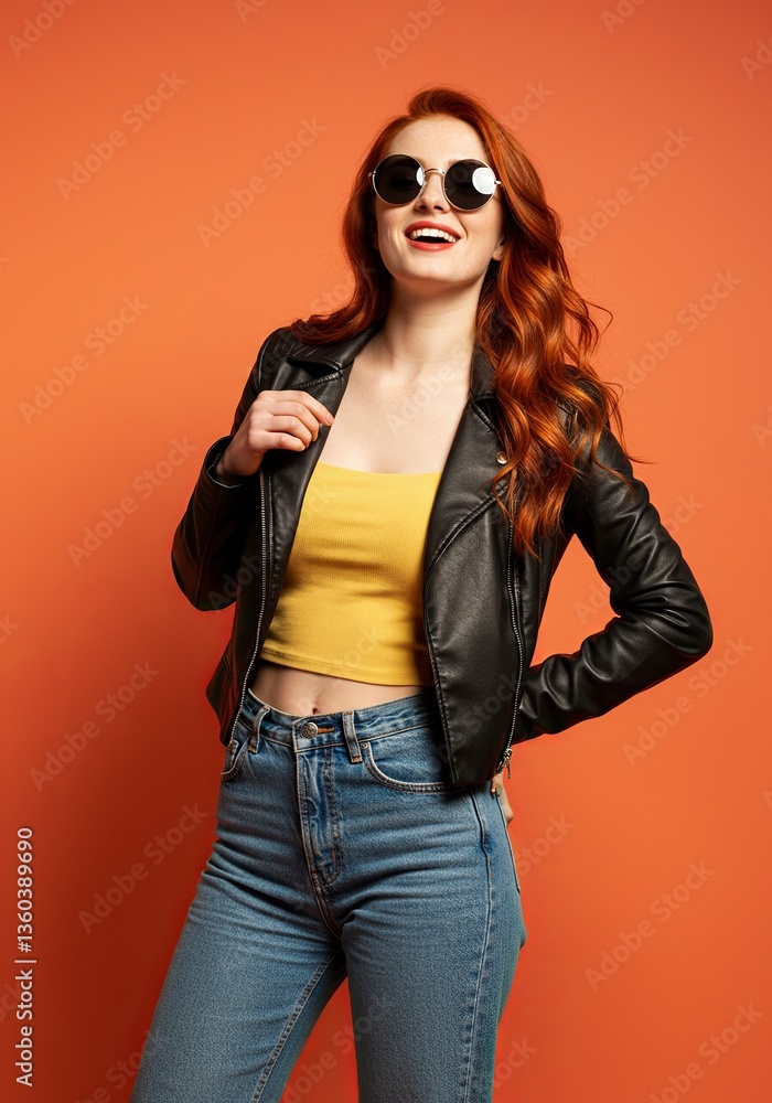 Fototapeta premium Stylish Redhead Woman in Leather Jacket and Sunglasses