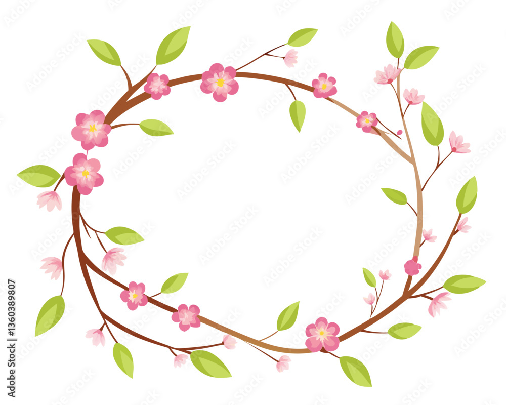 Fototapeta premium Delicate Cherry Blossom Wreath. Spring Floral Illustration