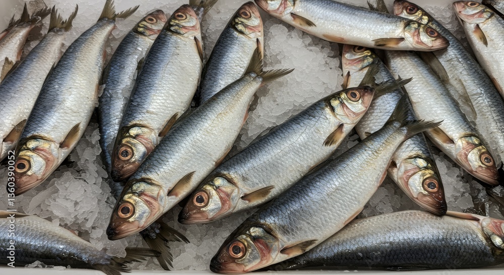 Cisco Lake Herring on Ice at Supermarket - Fresh Cisco Lake herring, glistening silver scales, packed on ice, ready for sale. Represents freshness, wholesomeness, healthy food, natural protein Cisco Lake Herring on Ice at Supermarket - Fresh Cisco Lake herring, glistening silver scales, packed on ice, ready for sale. Represents freshness, wholesomeness, healthy food, natural protein