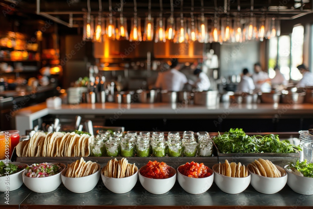 Inside a bustling restaurant, a vibrant spread of taco fillings and condiments arranged in bowls and jars, highlighting fresh ingredients and a modern culinary setting for diners. Inside a bustling restaurant, a vibrant spread of taco fillings and condiments arranged in bowls and jars, highlighting fresh ingredients and a modern culinary setting for diners.