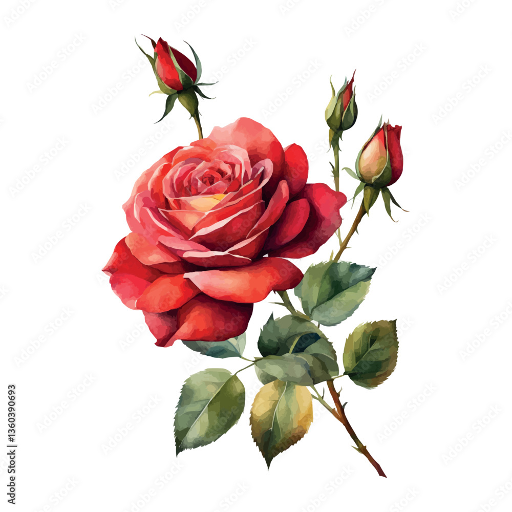Fototapeta premium Watercolor red roses flowers, symbol of love, wedding, purity, vector illustration.