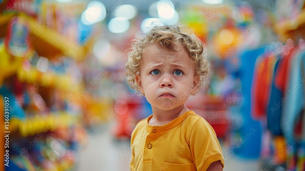Toddler expresses curiosity and concern while exploring a colorful toy store Toddler expresses curiosity and concern while exploring a colorful toy store