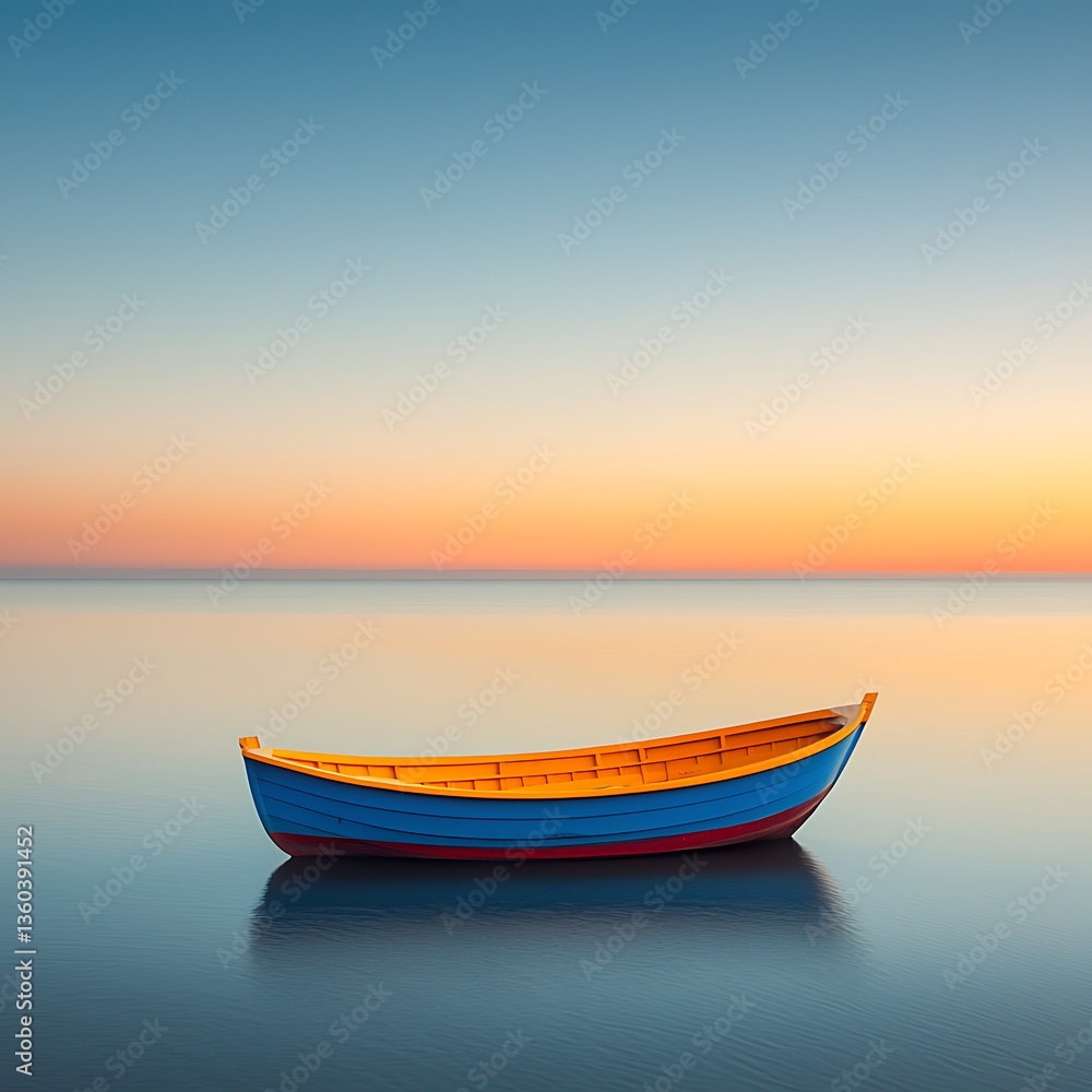 Fototapeta premium Serene Sunset Boat for Calm Sea.