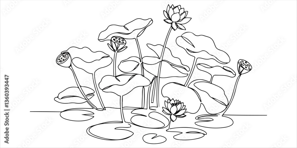 Fototapeta premium A continuous one line drawing depicts lotus leaves and flowers thriving in a wetland environment. These plants serve as a natural filter, helping to reduce sediment and runoff. This minimalist.