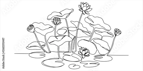 A continuous one line drawing depicts lotus leaves and flowers thriving in a wetland environment. These plants serve as a natural filter, helping to reduce sediment and runoff. This minimalist.