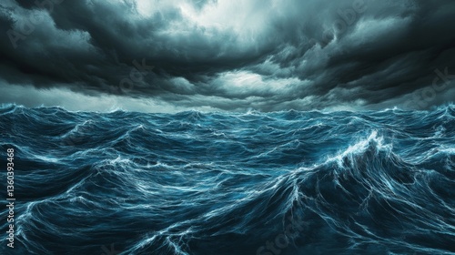 . The waves are high and turbulent, and the water appears choppy and powerful. A few dark clouds hover overhead, with streaks of rain beginning to fall, adding to the dramatic atmosphere. 