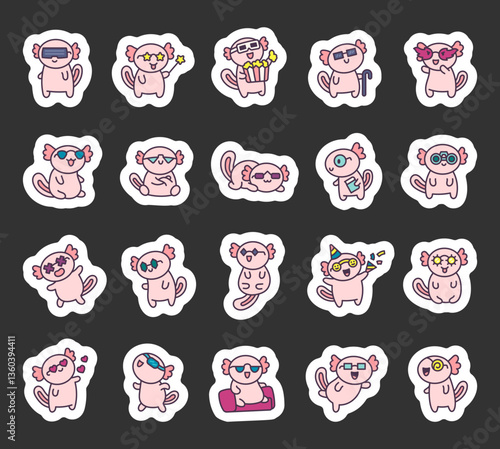 Adorable axolotl glasses set featuring various emotions, fun accessories, and charming poses in a cute cartoon style for your creative character designs and artistic illustrations