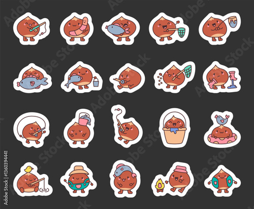 Chestnut fishing set featuring adorable cartoon characters enjoying various outdoor activities with fishing rods, fish nets, buckets, and different cute expressions and poses for yours projects