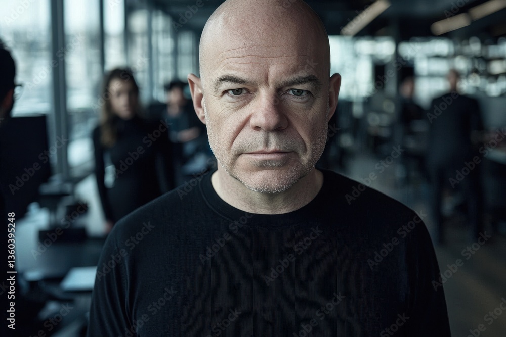 Obraz premium Intense portrait of a serious bald man in a black shirt, gazing directly at the camera, with blurred office environment and colleagues in the background, conveying focus.