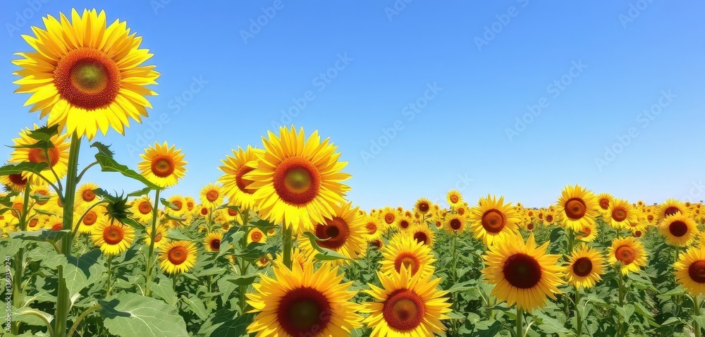 Vibrant yellow sunflowers in a vast field under a clear blue sky, art, botany Vibrant yellow sunflowers in a vast field under a clear blue sky, art, botany