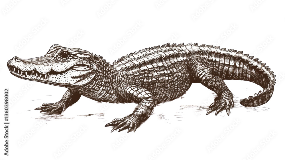 Naklejka premium Intricately Detailed Vintage Illustration of an Alligator Isolated on White Background