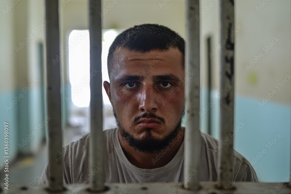 A somber portrait of a sweaty, bearded man behind bars, conveying feelings of isolation, confinement, and the challenges of rehabilitation in the prison system. A somber portrait of a sweaty, bearded man behind bars, conveying feelings of isolation, confinement, and the challenges of rehabilitation in the prison system.