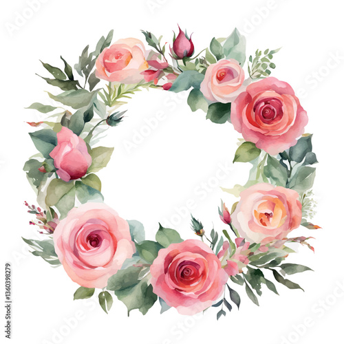 Watercolor roses round frame flowers with gold, symbol of love, wedding, purity, vector illustration.