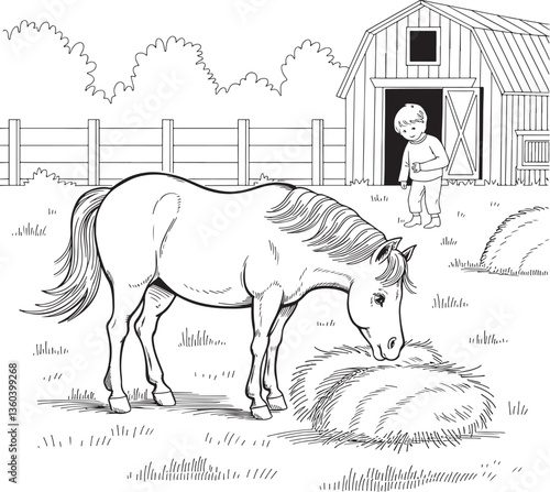 horse in the barn, Horse eating hay in a field, a barn scene
