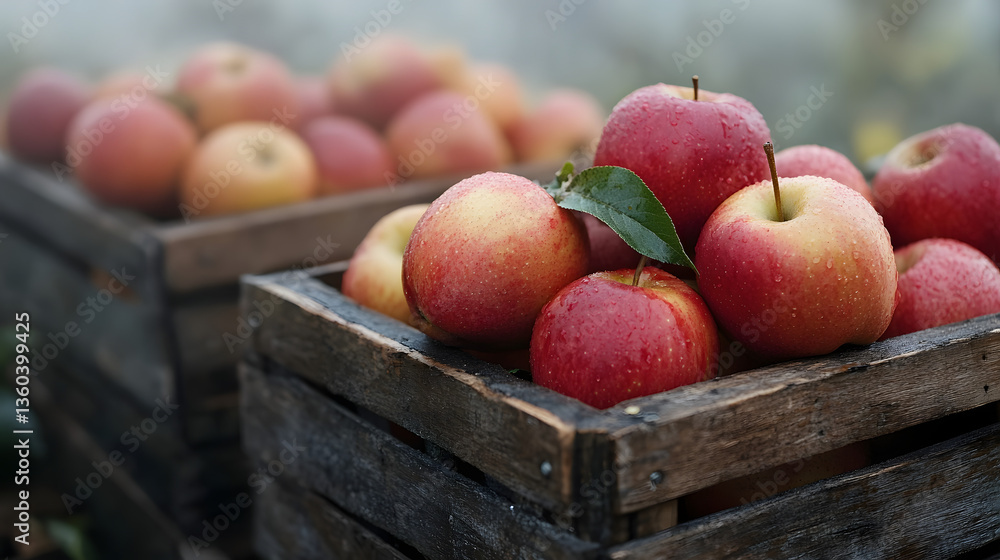 Apples resting in rustic wooden crates surrounded by a cool misty atmosphere. Apples resting in rustic wooden crates surrounded by a cool misty atmosphere.
