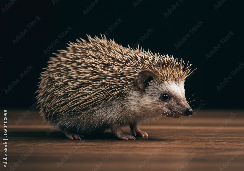 Fototapeta premium Cute hedgehog with spiky back is walking on wooden surface. Wild animal for exotic pets care, small pet adoption and wildlife rescue concept. Animal portrait on black studio backdrop.