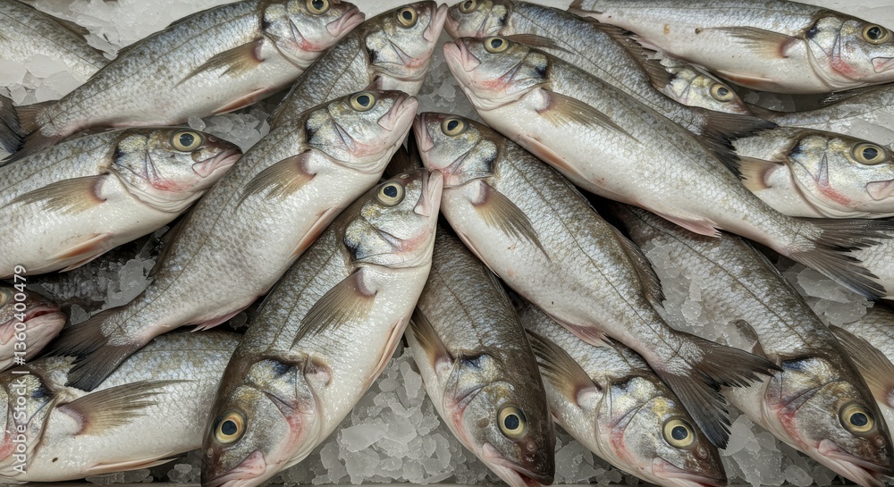 Fresh Warmouth Fish on Ice at Supermarket - Fresh, icy cold warmouth fish, glistening scales, ready for sale, abundance of seafood, healthy eating. Fresh Warmouth Fish on Ice at Supermarket - Fresh, icy cold warmouth fish, glistening scales, ready for sale, abundance of seafood, healthy eating.