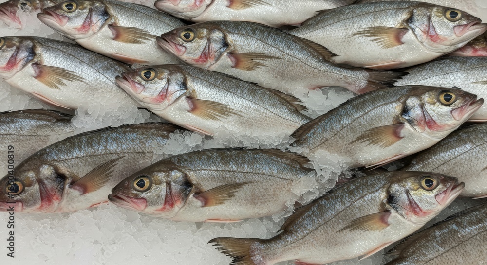 Fresh Warmouth on Ice at the Supermarket - A pile of fresh, iced warmouth fish at a supermarket. Concept: freshness, seafood, market, healthy eating, abundance. Fresh Warmouth on Ice at the Supermarket - A pile of fresh, iced warmouth fish at a supermarket. Concept: freshness, seafood, market, healthy eating, abundance.