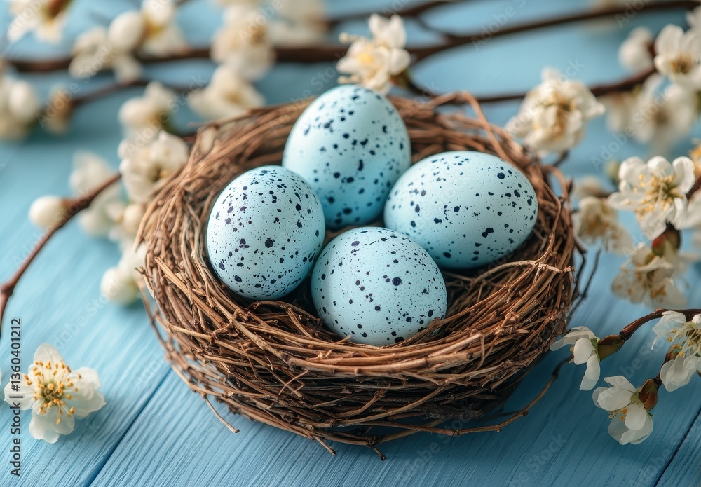 Blue Speckled Easter Eggs Nestled in a Natural Woven Basket Surrounded by Delicate White Flowers on a Wooden Table Blue Speckled Easter Eggs Nestled in a Natural Woven Basket Surrounded by Delicate White Flowers on a Wooden Table