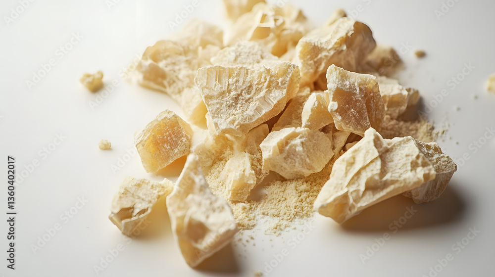 Small piles of asafoetida crystals in a light yellow tone arranged loosely on a plain white background. Small piles of asafoetida crystals in a light yellow tone arranged loosely on a plain white background.