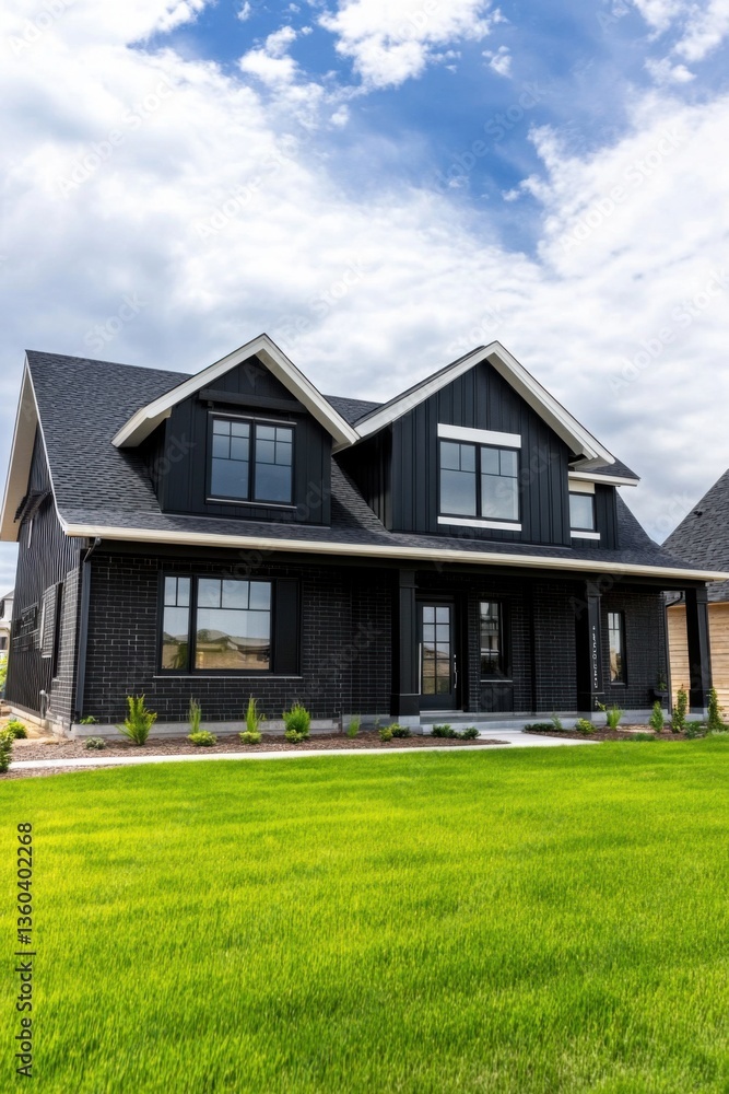 Modern black house on a sunny day with vibrant green lawn and clear blue sky in a suburban neighborhood showcasing contemporary architecture Modern black house on a sunny day with vibrant green lawn and clear blue sky in a suburban neighborhood showcasing contemporary architecture
