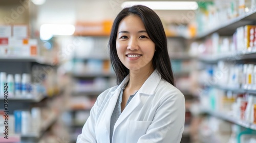 Pharmacist wearing a lab coat stands confidently in the pharmacy aisle filled with products Free Download Pharmacist wearing a lab coat stands confidently in the pharmacy aisle filled with products - GFXLoad