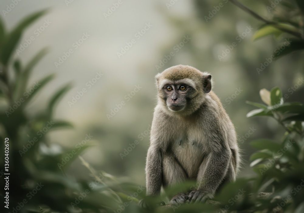 Obraz premium Sad monkey is resting in the jungle in natural park habitat. Animal gazing with big eyes in forest scene for zoology concept and wildlife art idea