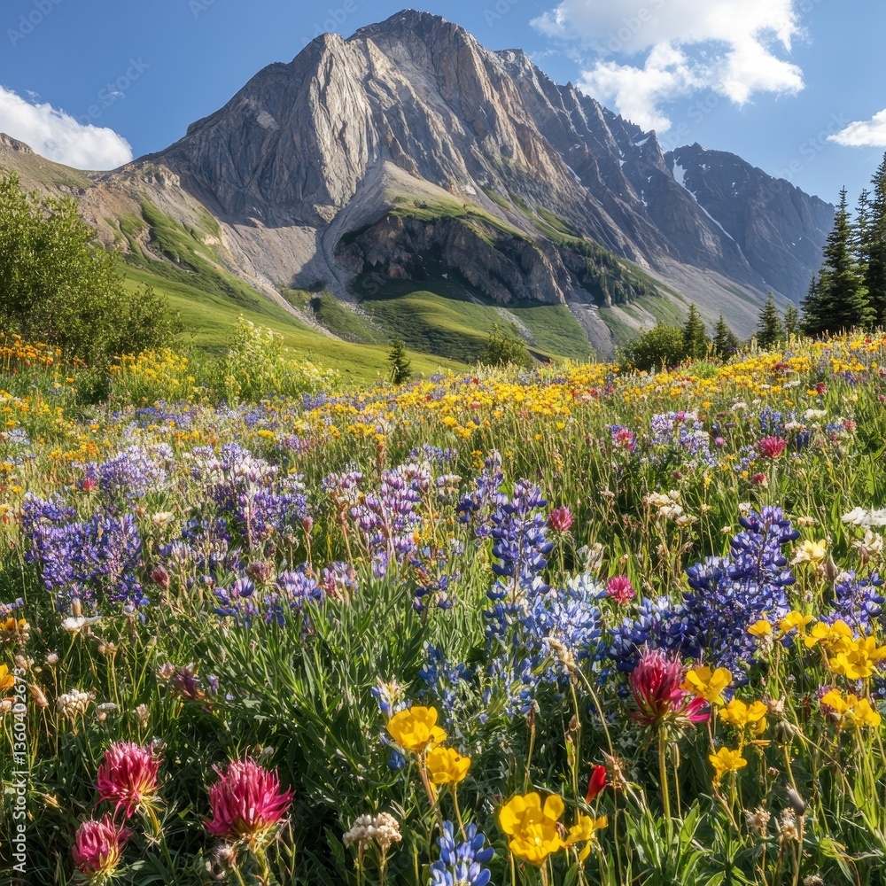 Fototapeta premium A vibrant field of wildflowers at the base of a towering mountain 