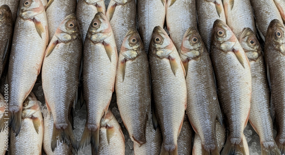 Obraz premium Frozen Gizzard Shad at Supermarket - Fresh frozen gizzard shad, icy cold, supermarket display, healthy seafood, culinary ingredient. Represents freshness, abundance, nutrition, winter, and food.