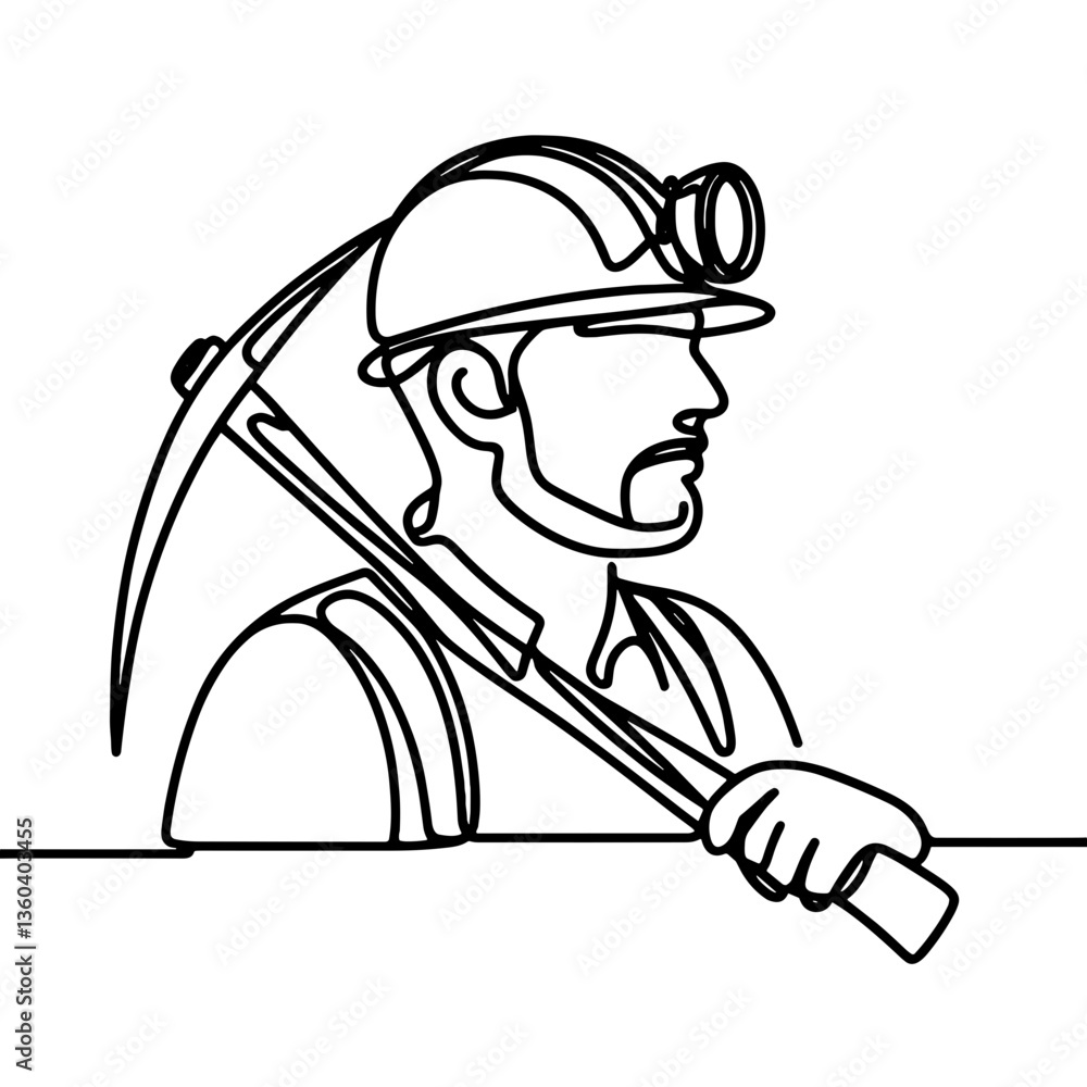 Miner with a pickaxe, vector, black line drawing, minimalistic, single line, simple line, isolated, transparent background