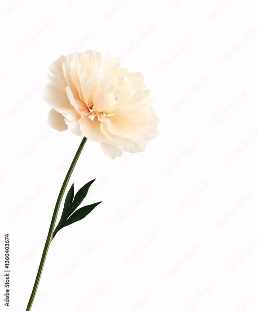 A single botanical flower with soft cream petals and green leaves, set against a white surface, perfect for decorative or artistic projects. A single botanical flower with soft cream petals and green leaves, set against a white surface, perfect for decorative or artistic projects.