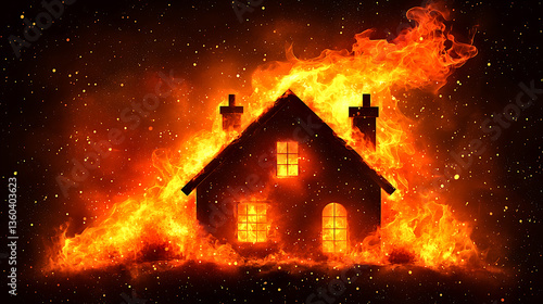 Burning house symbolizing destruction, chaos, and transformation in dramatic night scene