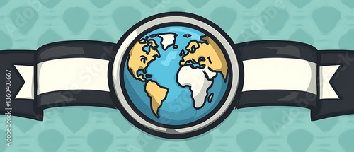 The illustrated image features a cartoon earth with a ribbon banner