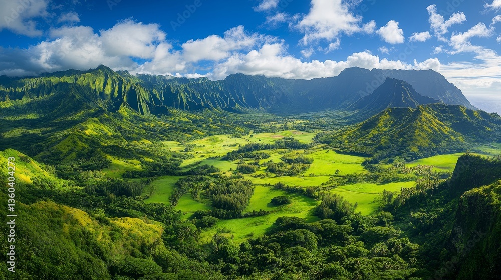 Naklejka premium Lush green valley nestled between towering mountain ranges.