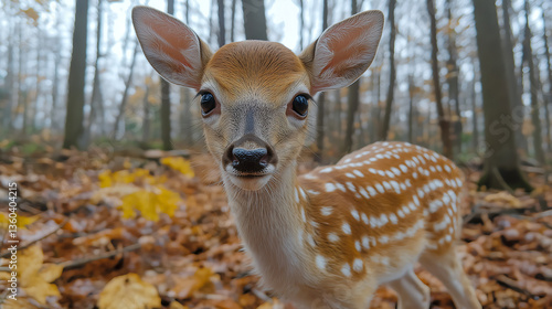 Close-up Portrait of a Baby Deer with White Spots in a Forest Setting