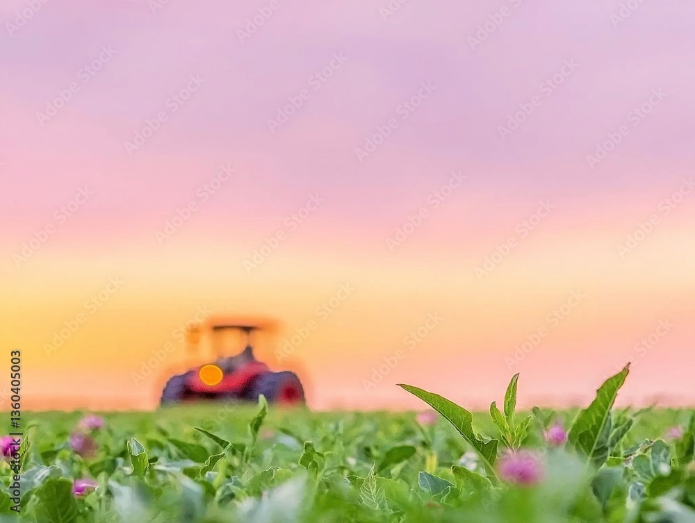 Fototapeta premium Tractor in Field at Dusk