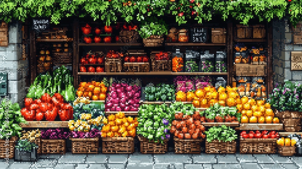 Obraz premium A pixel art rendition of a farmer's market, with colorful stalls overflowing with fresh fruits, vegetables, and artisanal bread. 