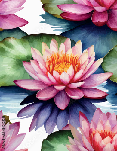 Water lilies or lotuses watercolor, Painting Art of flowers on water