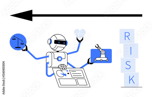 Robot juggling scales, heart, industrial automation, and document analysis with RISK stack and arrow. Ideal for AI ethics, efficiency, decision-making, robotics, risk assessment automation abstract