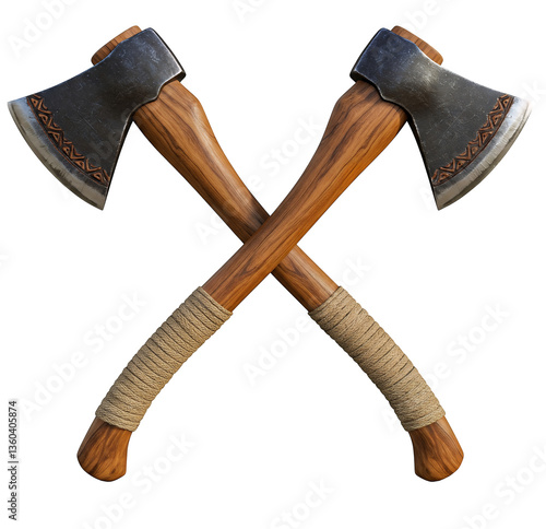 Crossed Viking axes with wooden handles on white background