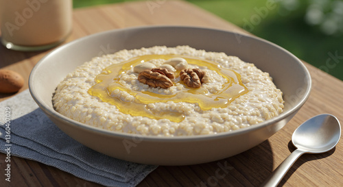 Creamy oatmeal with walnuts and honey on wooden table  