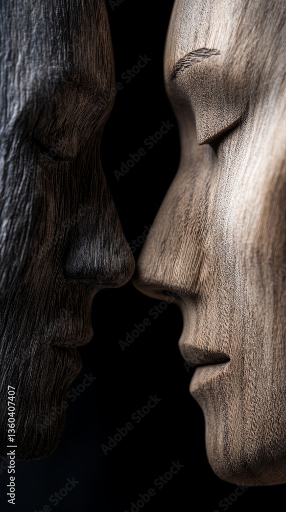 Fototapeta premium Wooden faces in the concept of duality. Wooden faces with expressions of feelings and emotions.