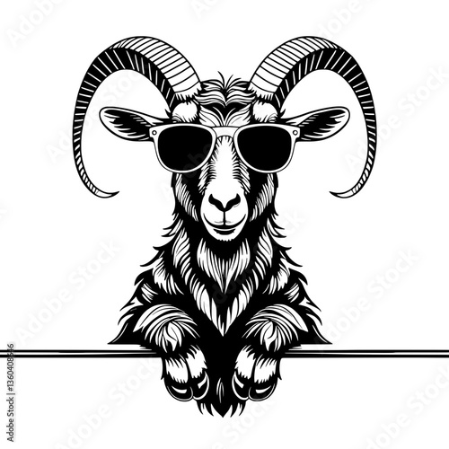  Cool Goat with Sunglasses Black SVG Vector Outline