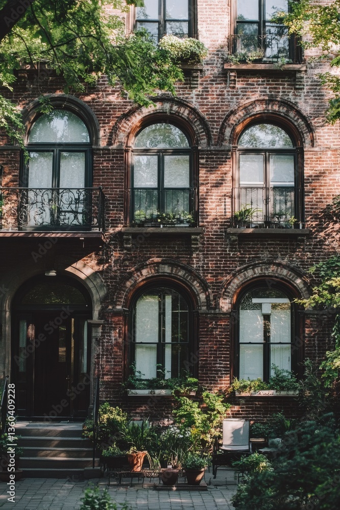 Obraz premium Charming brick building surrounded by lush greenery showcasing classic architecture in an urban setting during a sunny day