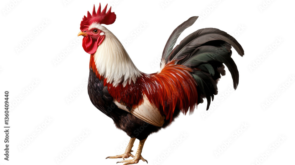 Fototapeta premium Majestic Rooster Standing Proud, Isolated on White Background 