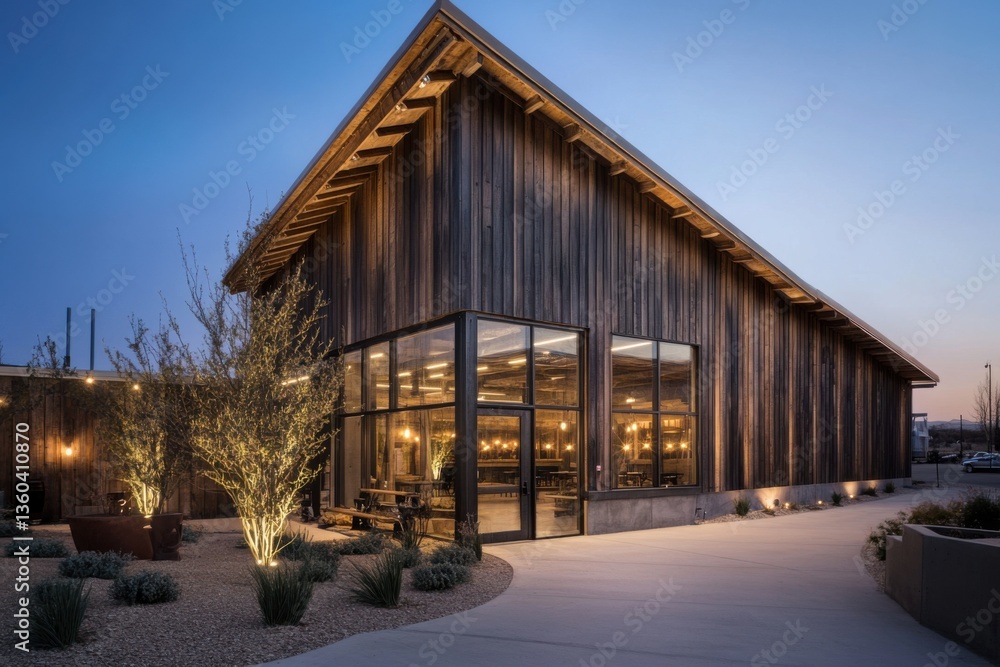 A charming rustic barn-style building features a sleek modern glass facade that beautifully reflects warm lighting during twilight, nestled against a picturesque landscape. A charming rustic barn-style building features a sleek modern glass facade that beautifully reflects warm lighting during twilight, nestled against a picturesque landscape.