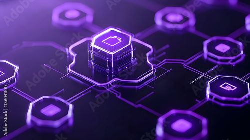 Purple glowing digital battery icon on a circuit board